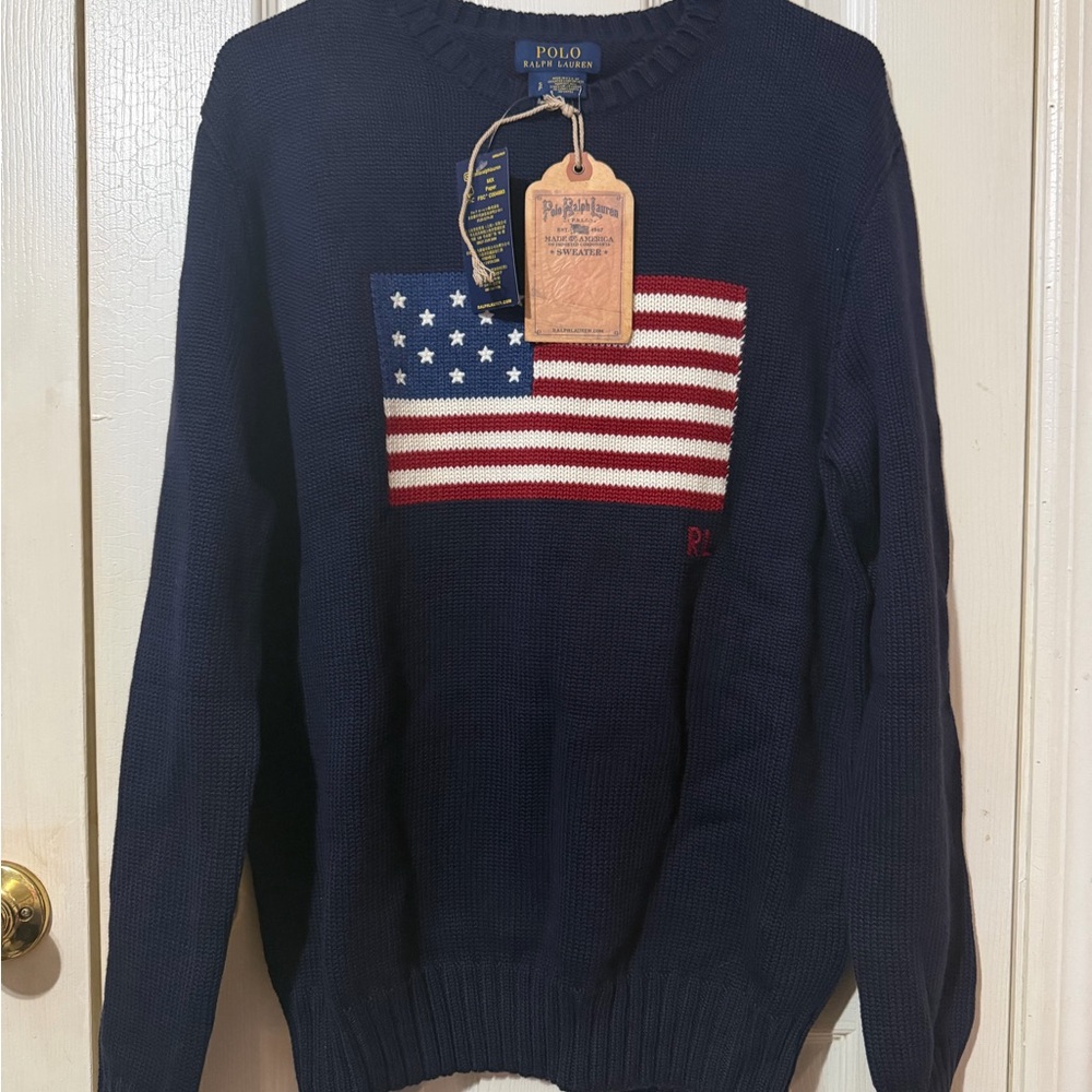 Polo by Ralph Lauren Men's Blue Sweater with Flag Design